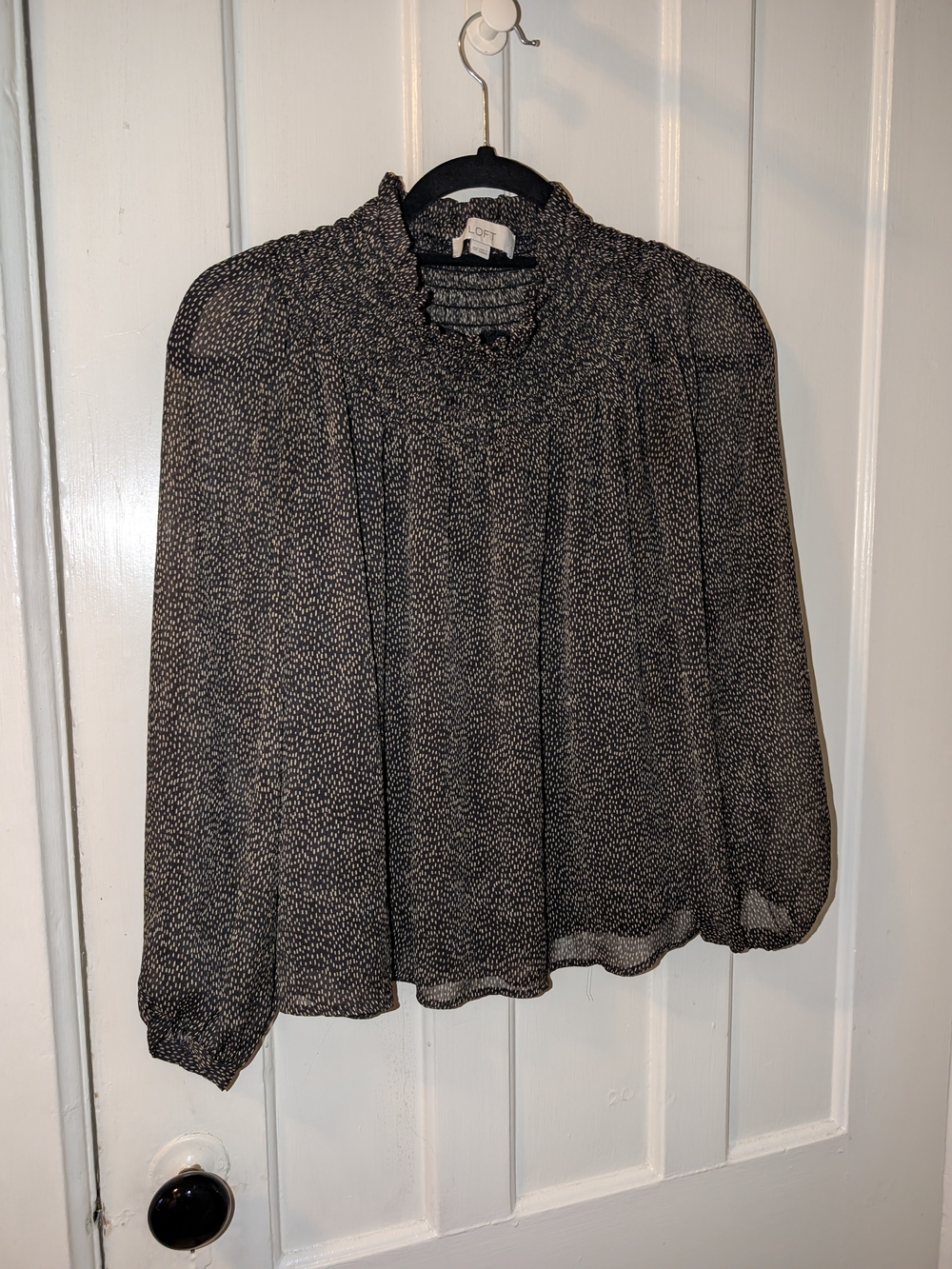 LOFT XS Black Beige Smocked Mock Neck Sheer Blouse Puff Sleeve Work Top